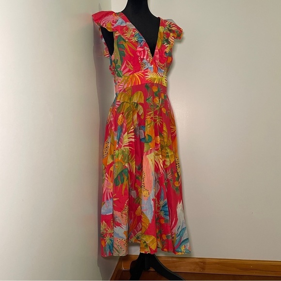 Farm Rio- Tropical Jungle Midi Dress Size S Red Deep V Summer Flutter Sleeves - Picture 4 of 16